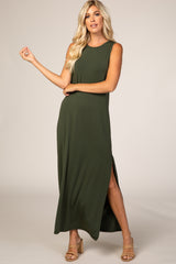 Olive Side Slit Maternity Maxi Dress