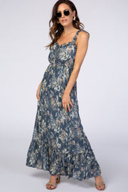 Blue Floral Shimmer Lace-Up Maxi Dress