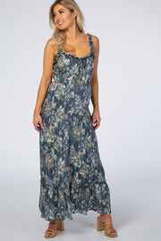 Blue Floral Shimmer Lace-Up Maternity Maxi Dress