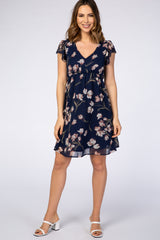 Navy Floral Ruffle Sleeve Chiffon Maternity Dress