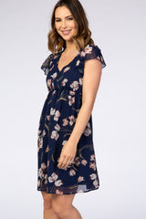 Navy Floral Ruffle Sleeve Chiffon Dress