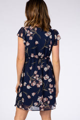 Navy Floral Ruffle Sleeve Chiffon Dress