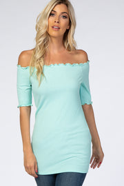 Mint Off Shoulder Lettuce Hem Top