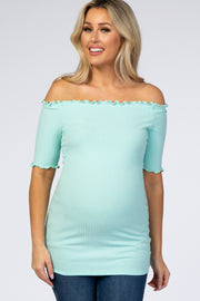 Mint Off Shoulder Lettuce Hem Maternity Top