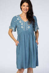 Blue Embroidered Midi Dress