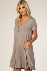 Taupe Short Sleeve Button Detail Swing Dress