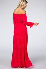 Magenta Tiered Off Shoulder Maxi Dress