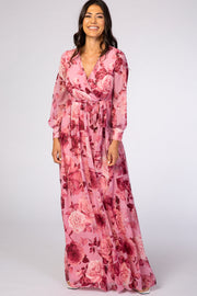 Pink Floral Chiffon Maternity Maxi Dress