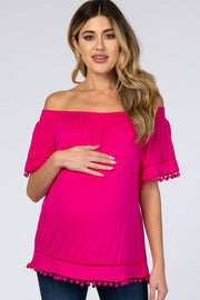 Fuchsia Off Shoulder Pom Pom Hem Maternity Top