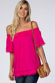 Fuchsia Off Shoulder Pom Pom Hem Top