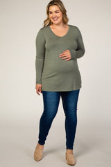 Light Olive Basic Long Sleeve Plus Maternity Top