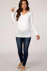 White Long Sleeve Fitted Ruched Maternity Top