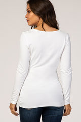 White Long Sleeve Fitted Ruched Maternity Top