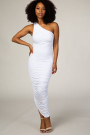 White Ruched One Shoulder Dress