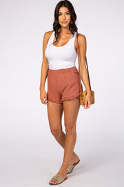 Rust Ruffle Detail Curved Hem Elastic Waist Shorts