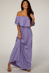 Purple Off Shoulder Ruffle Trim Maxi Dress