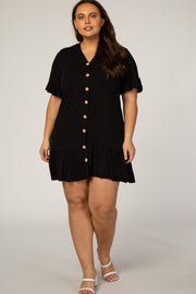 Black Short Ruffle Sleeve Button Down Plus Dress