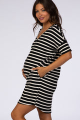 Black Striped V-Neck Short Sleeve Side Pocket Maternity Dress