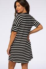 Black Striped V-Neck Short Sleeve Side Pocket Maternity Dress