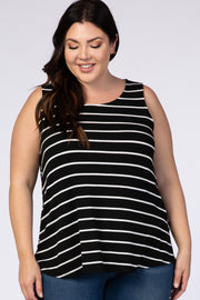 Black Striped Sleeveless Round Neck Plus Tank Top