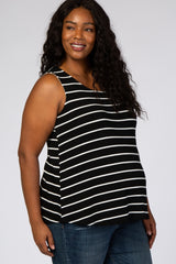 Black Striped Sleeveless Round Neck Plus Maternity Tank Top