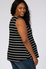 Black Striped Sleeveless Round Neck Plus Maternity Tank Top