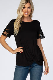 Black Crochet Sleeve Knotted Hem Top