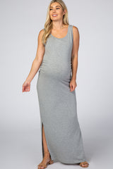 Grey Sleeveless Ruched Side Slit Maternity Maxi Dress