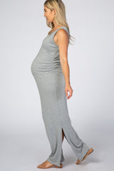 Grey Sleeveless Ruched Side Slit Maternity Maxi Dress