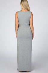 Grey Sleeveless Ruched Side Slit Maternity Maxi Dress