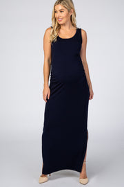 Navy Blue Sleeveless Ruched Side Slit Maternity Maxi Dress