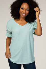 Mint Green Textured Polka Dot Short Ruffle Sleeve V-Neck Top