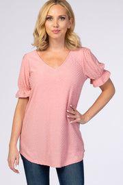 Pink Textured Polka Dot Short Ruffle Sleeve V-Neck Top