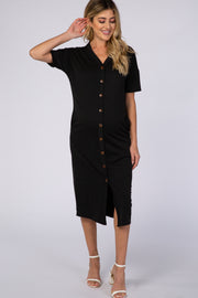 Black Short Sleeve V-Neck Button Detail Maternity Midi Dress