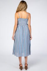 Blue Purple Striped Button Front Maternity Midi Dress