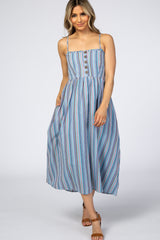 Blue Purple Striped Button Front Maternity Midi Dress