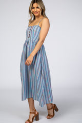 Blue Purple Striped Button Front Midi Dress