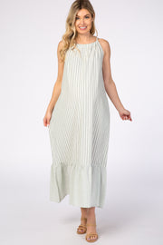 Mint Green Striped High Neck Sleeveless Maternity Maxi Dress