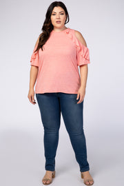 Coral Cold Shoulder Ruffle Plus Top