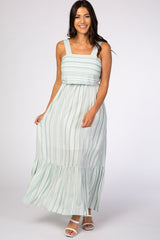 Mint Green Striped Open Back Thick Strap Maxi Dress