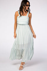 Mint Green Striped Open Back Thick Strap Maxi Dress