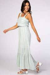 Mint Green Striped Open Back Thick Strap Maxi Dress