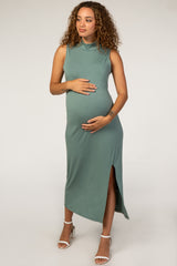 PinkBlush Green Mock Neck Side Slit Sleeveless Maternity Midi Dress