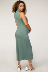 PinkBlush Green Mock Neck Side Slit Sleeveless Maternity Midi Dress