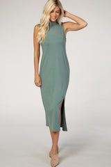 PinkBlush Green Mock Neck Side Slit Sleeveless Maternity Midi Dress