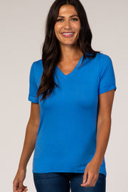 Blue V-Neck Cuff Sleeve Top