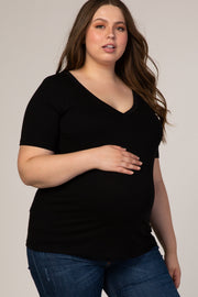 Black Short Sleeve V-Neck Basic Maternity Plus Top