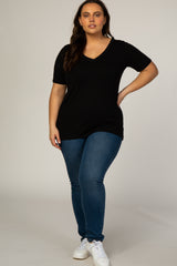 Black Short Sleeve V-Neck Basic Plus Top