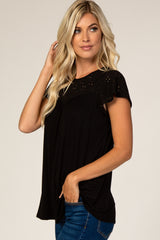 PinkBlush Black Eyelet Short Flutter Sleeve Top