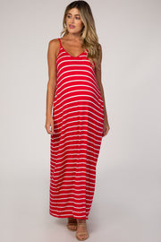 Red Striped Cami Strap Maternity Maxi Dress